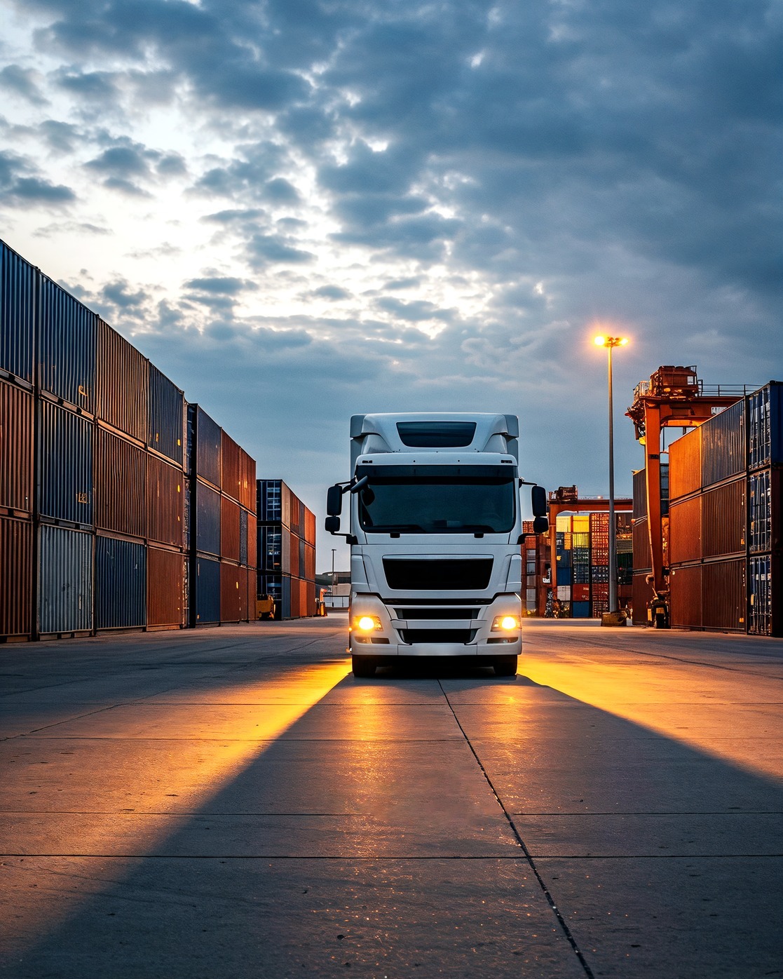 Camion circulant entre des piles de conteneurs